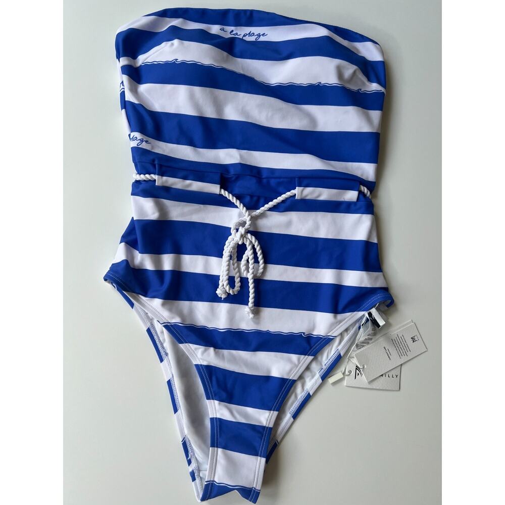 Milly A La Plage Belted One Piece Swimsuit Blue White Size M New - Picture 8 of 16